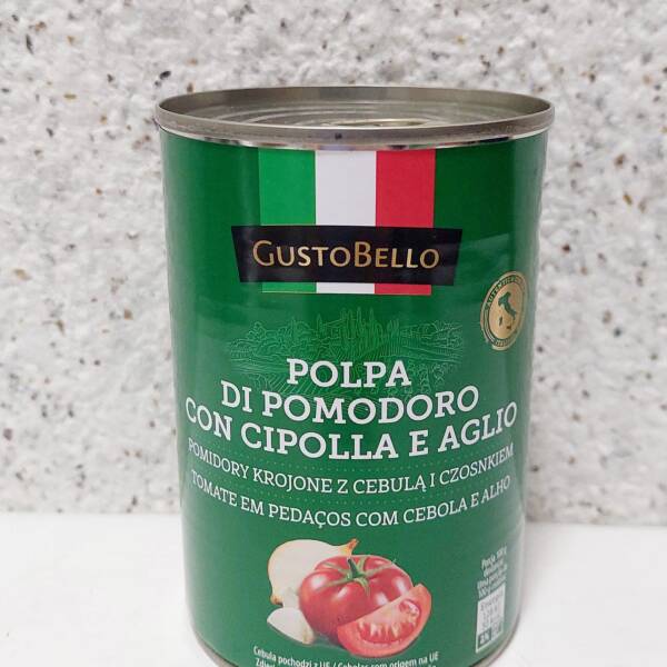 Помідори різані "GustoBello" з цибулькою і часником, 400 грам
